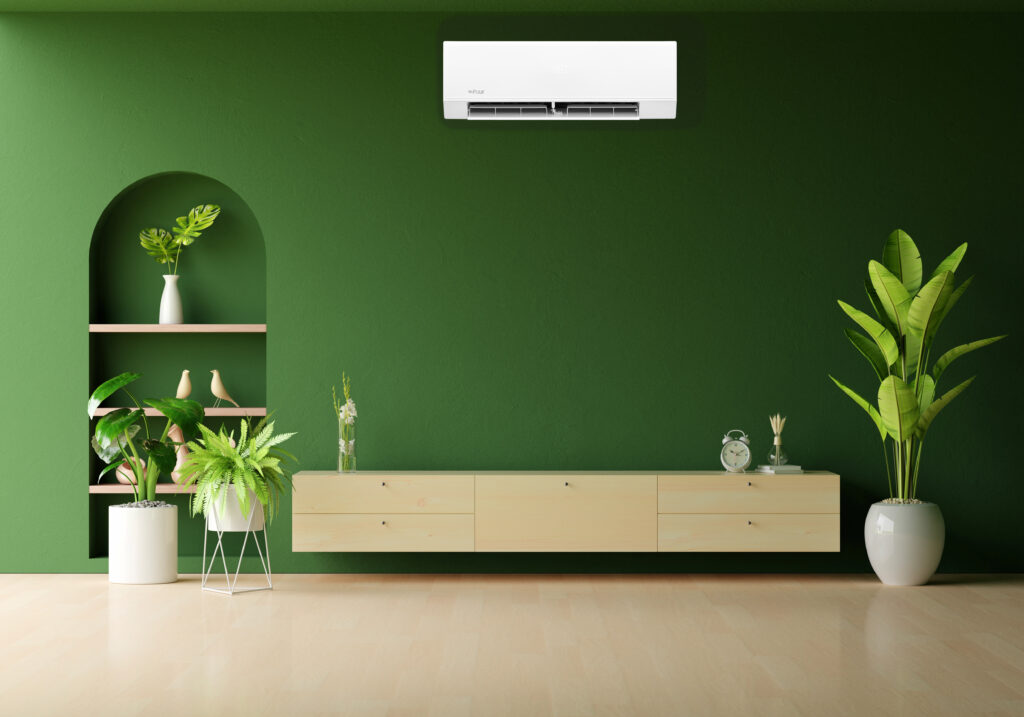 Polar Zenit 25SDZ split inverteres klímaszett 2,5 kw 3 Wood sideboard in green living room with copy space, 3d renderin